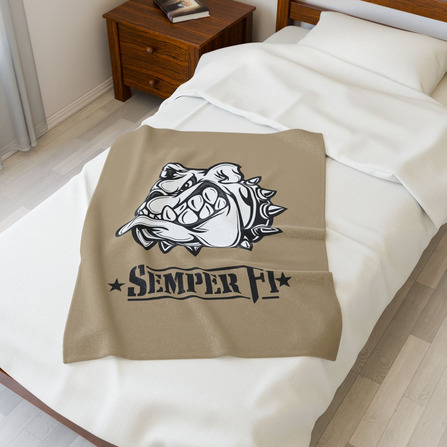 Khaki Desert Tan Devil Dog Fleece Blanket — Bulldog Military Humor