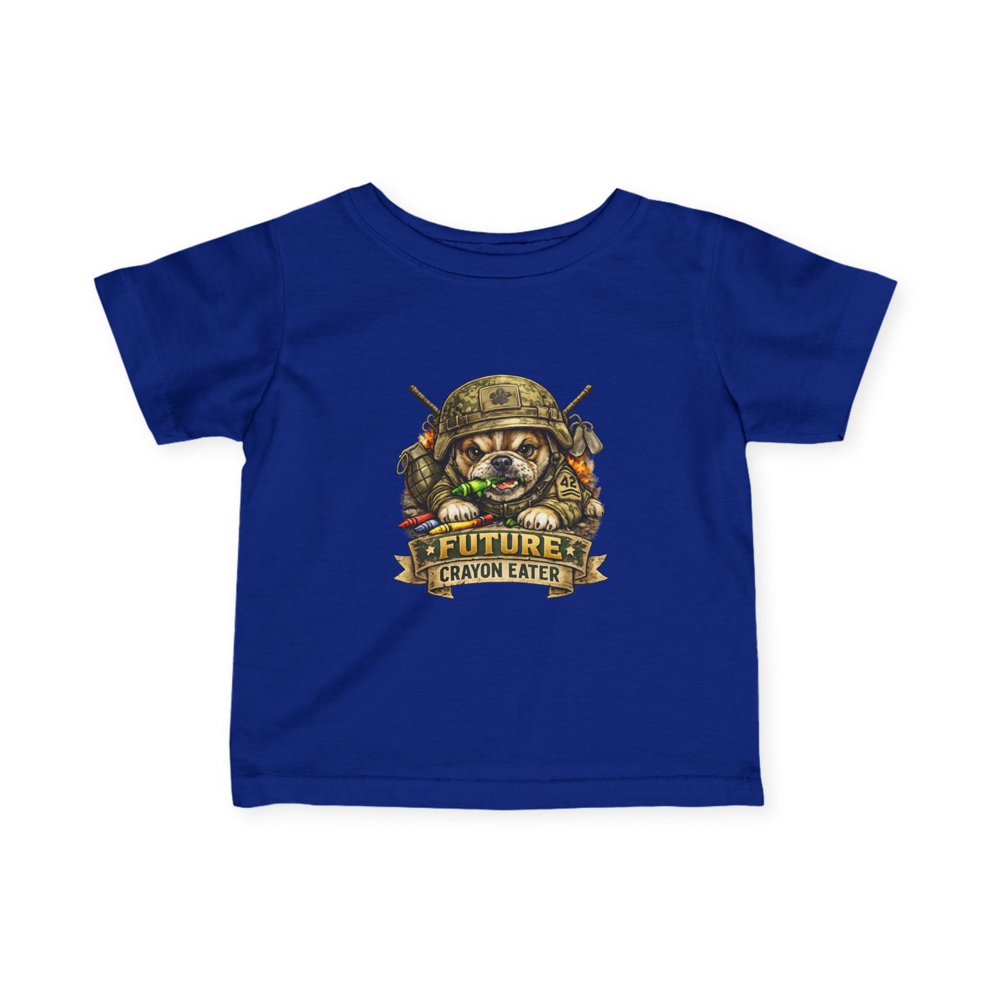 Infant T-Shirt — "Future Crayon Eater" Cute Military Puppy Graphic Tee for Babies