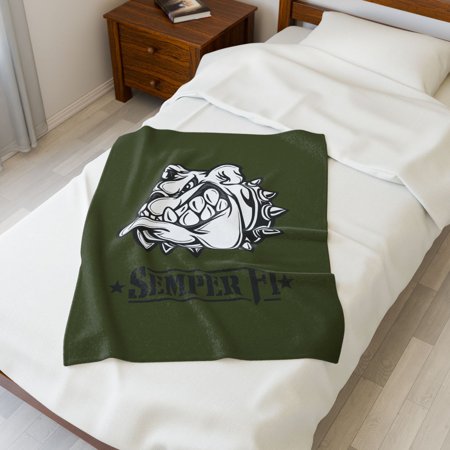 Devil Dog Fleece Blanket — Bulldog OD Green Military Humor
