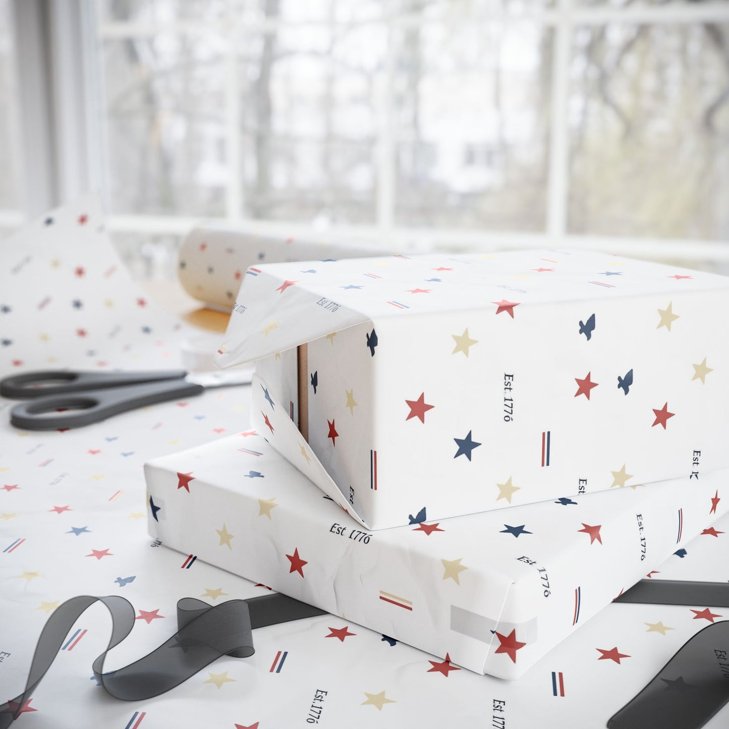 Patriotic Star & Stripe Wrapping Paper — Red White Blue Gift Wrap for Veterans Day, 4th of July, Memorial Gifts