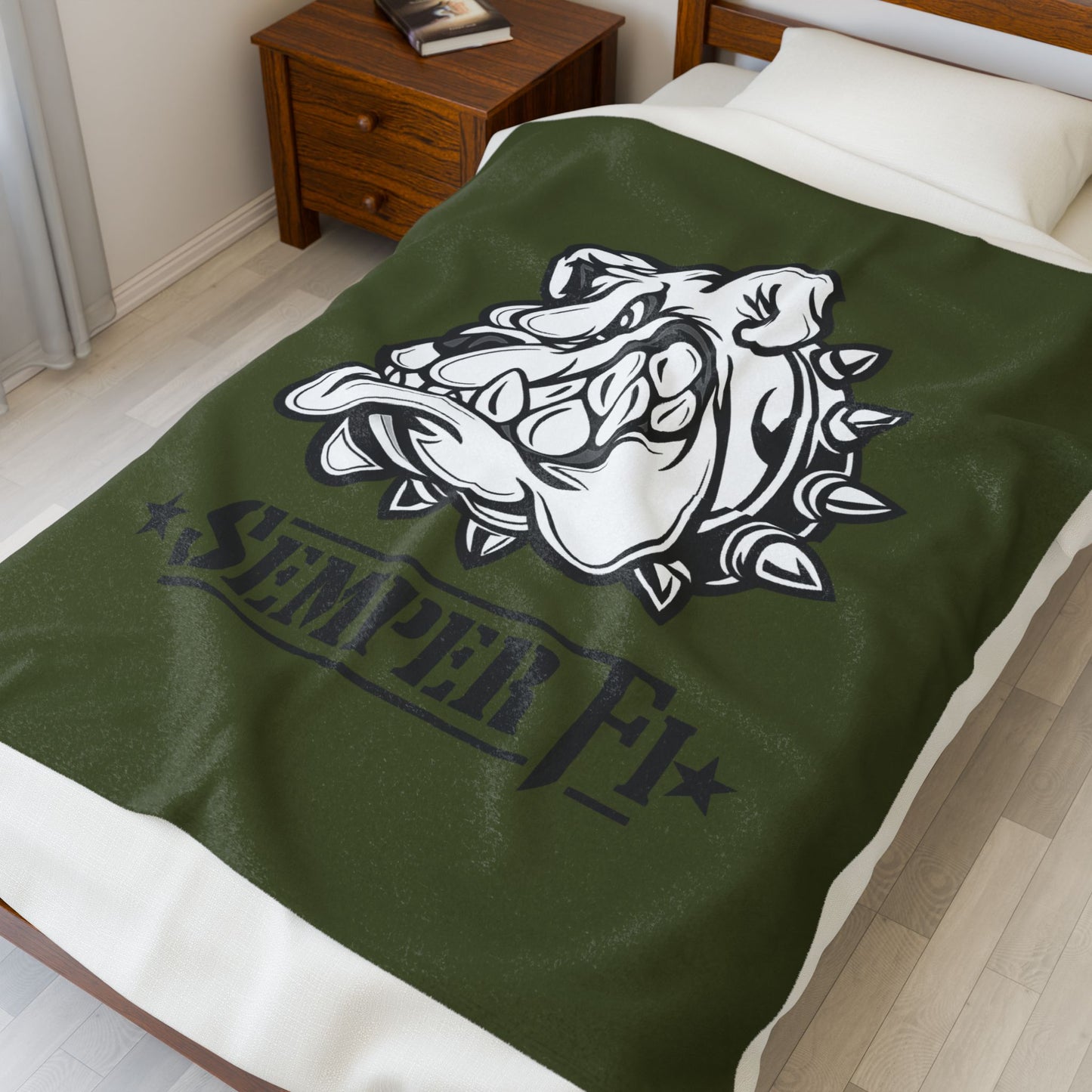 Devil Dog Fleece Blanket — Bulldog OD Green Military Humor