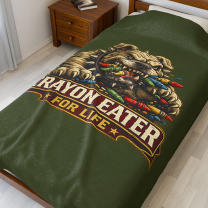 Devil Dog Crayon Eater for Life Fleece Blanket — Bulldog OD Green Military Humor