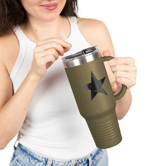 1776 Tactical 40oz Insulated Travel Mug — Olive Steel with Black Star & Vertical 1776 Typography