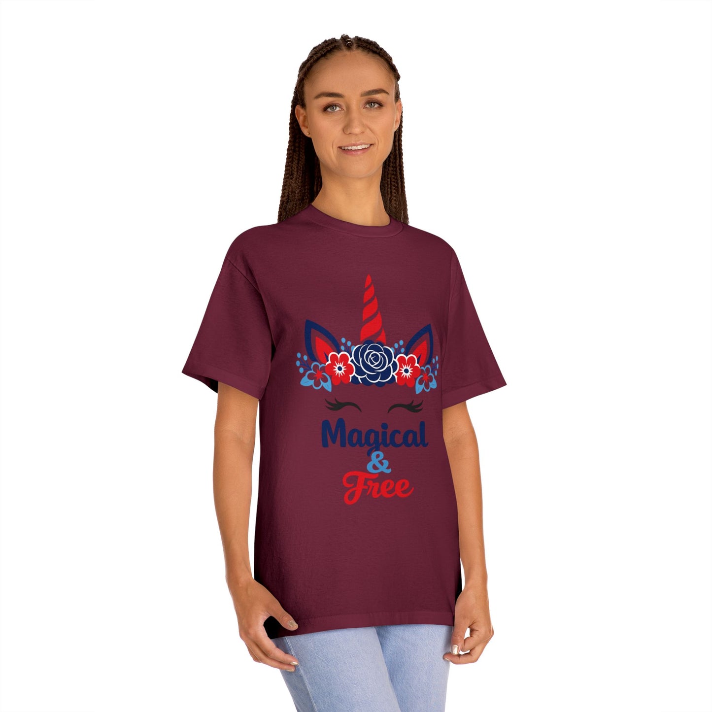 Magical & Free Unicorn Tee — Whimsical Floral Graphic