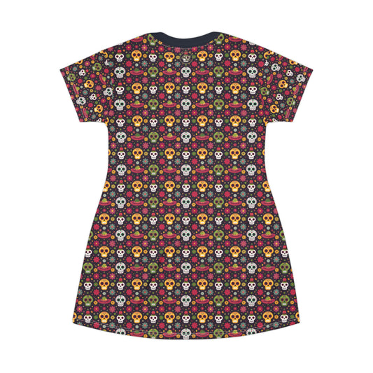 Sugar Skull T Shirt Dress Calavera Graphic Dress Day of the Dead Dress Colorful Skull Dress Festival T Shirt Dress