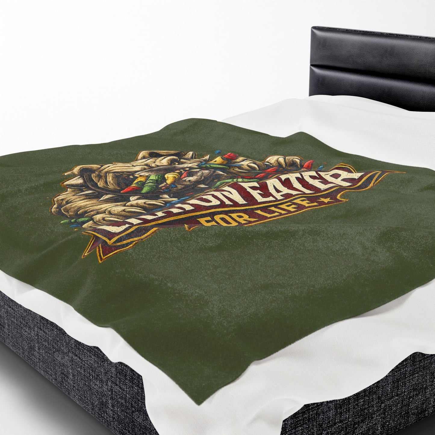 Devil Dog Crayon Eater for Life Fleece Blanket — Bulldog OD Green Military Humor