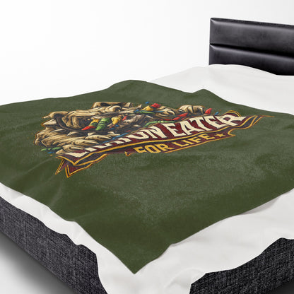 Devil Dog Crayon Eater for Life Fleece Blanket — Bulldog OD Green Military Humor