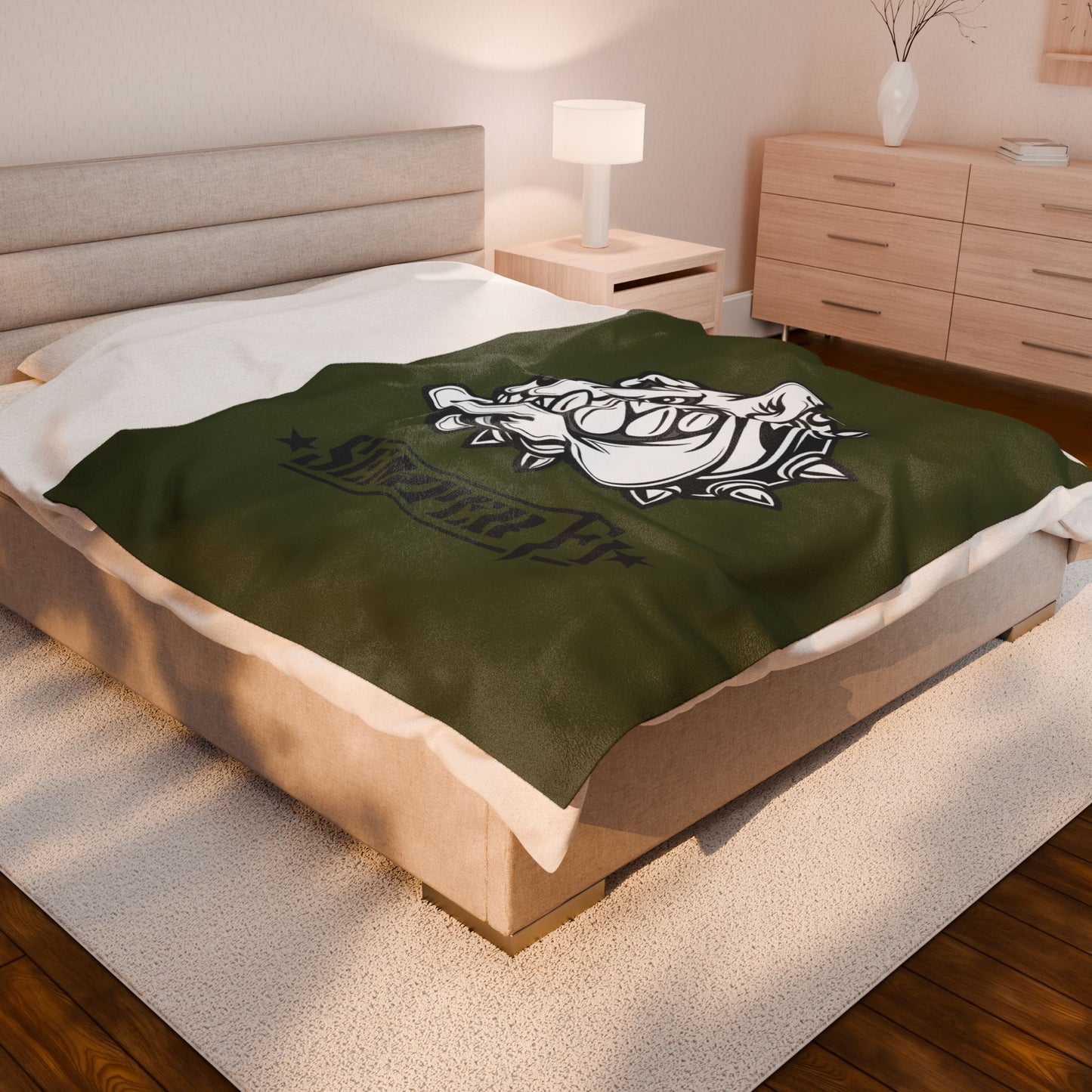 Devil Dog Fleece Blanket — Bulldog OD Green Military Humor