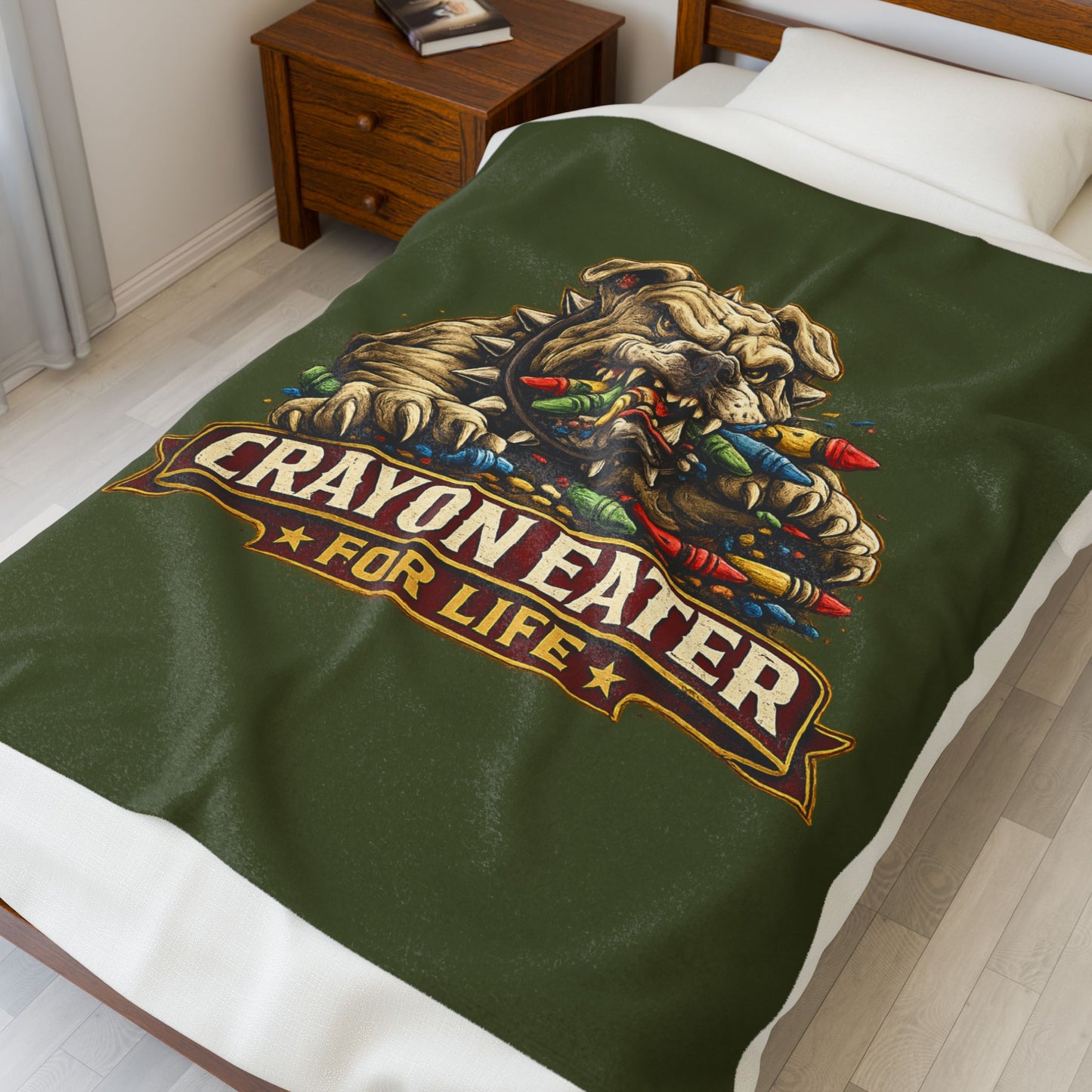 Devil Dog Crayon Eater for Life Fleece Blanket — Bulldog OD Green Military Humor