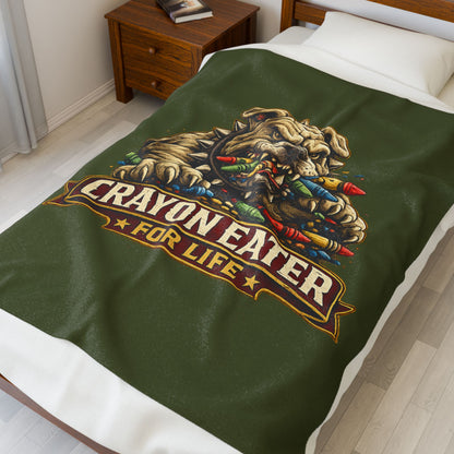 Devil Dog Crayon Eater for Life Fleece Blanket — Bulldog OD Green Military Humor