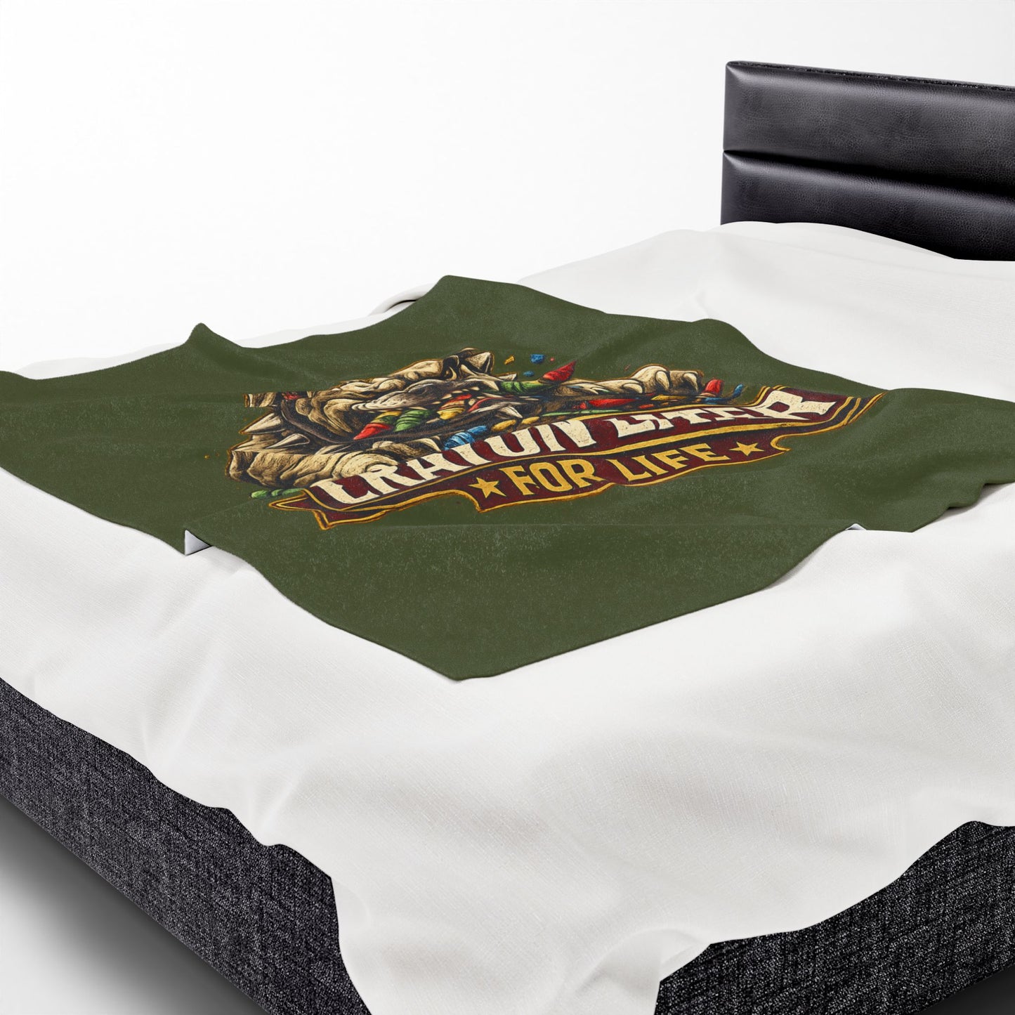 Devil Dog Crayon Eater for Life Fleece Blanket — Bulldog OD Green Military Humor