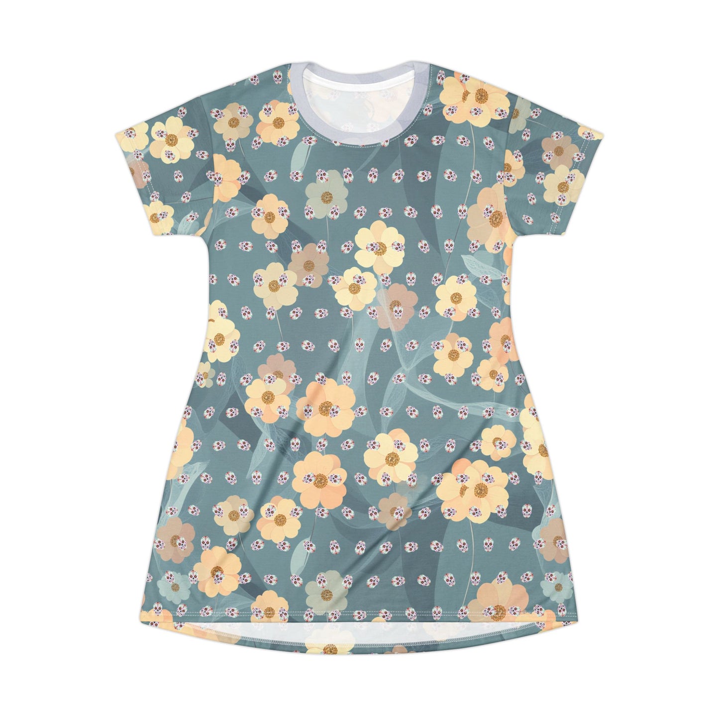 Sugar Skull Floral T-Shirt Dress — All-Over Print Día de los Muertos Festival Dress