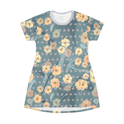 Sugar Skull Floral T-Shirt Dress — All-Over Print Día de los Muertos Festival Dress