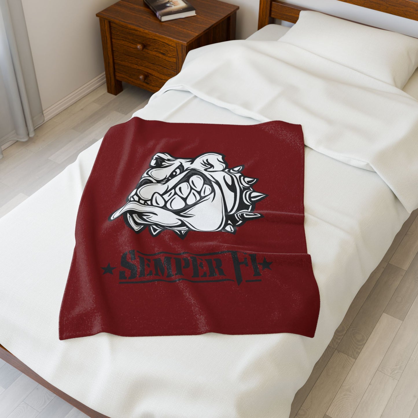 Vintage Marine Red Devil Dog Fleece Blanket — Bulldog OD Green Military Humor
