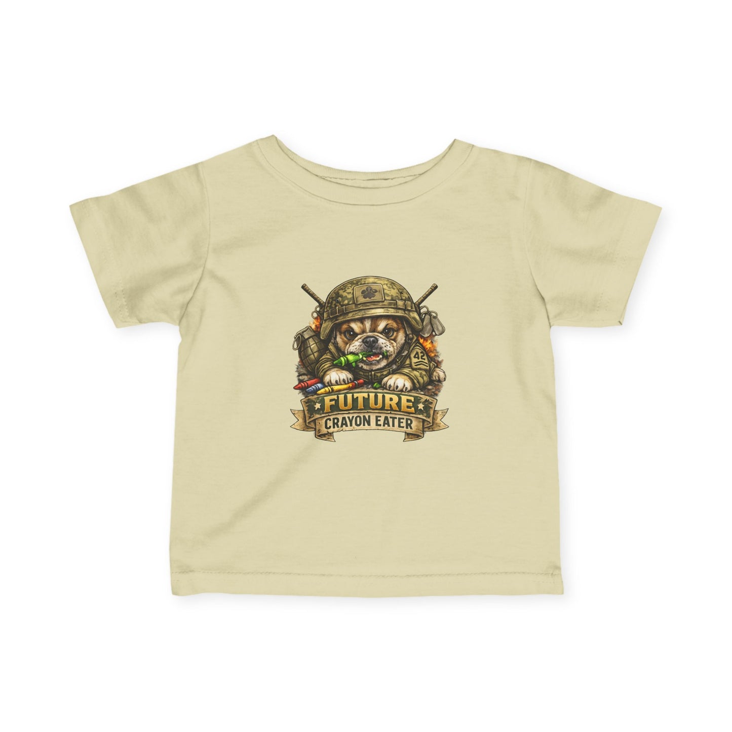 Infant T-Shirt — "Future Crayon Eater" Cute Military Puppy Graphic Tee for Babies