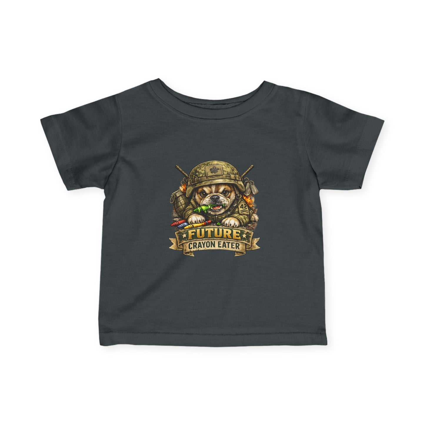 Infant T-Shirt — "Future Crayon Eater" Cute Military Puppy Graphic Tee for Babies