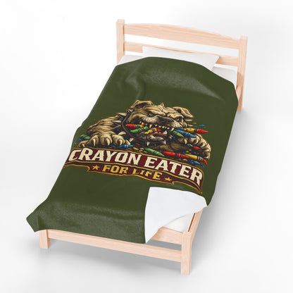 Devil Dog Crayon Eater for Life Fleece Blanket — Bulldog OD Green Military Humor