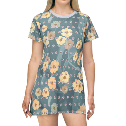Sugar Skull Floral T-Shirt Dress — All-Over Print Día de los Muertos Festival Dress