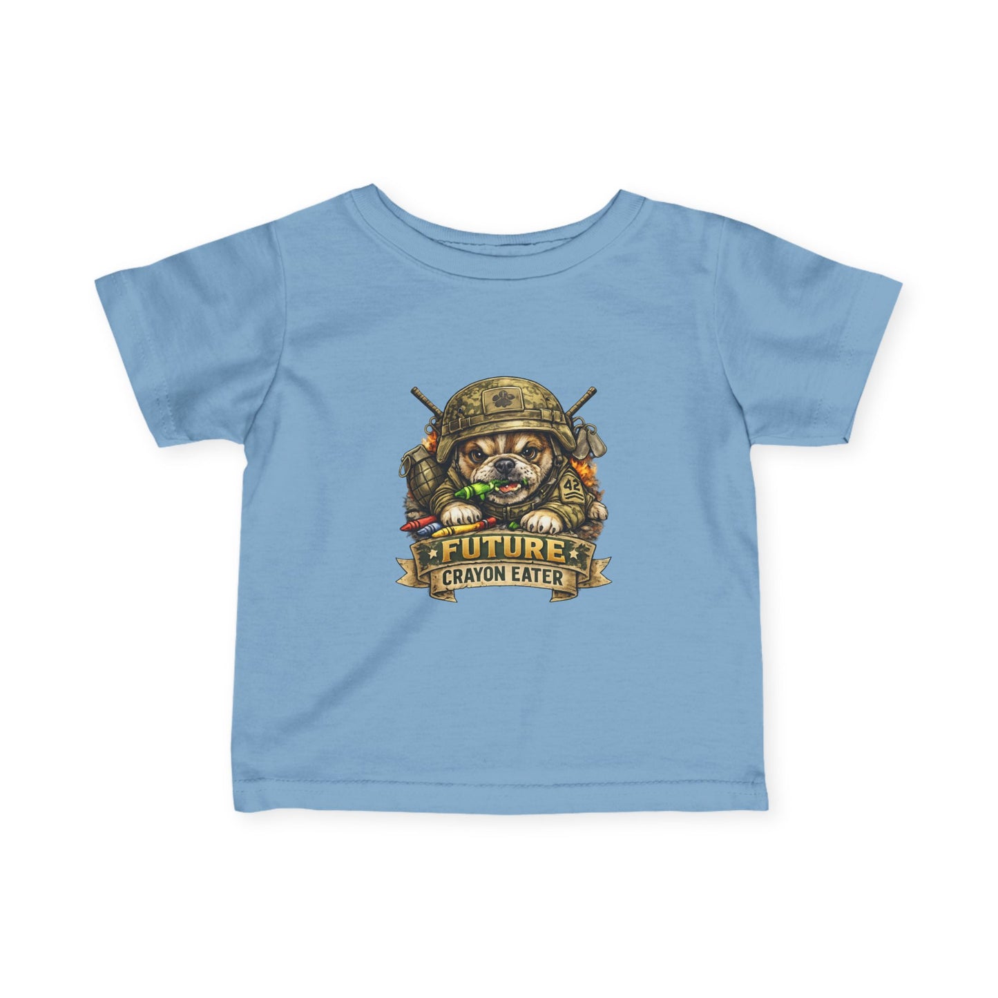 Infant T-Shirt — "Future Crayon Eater" Cute Military Puppy Graphic Tee for Babies