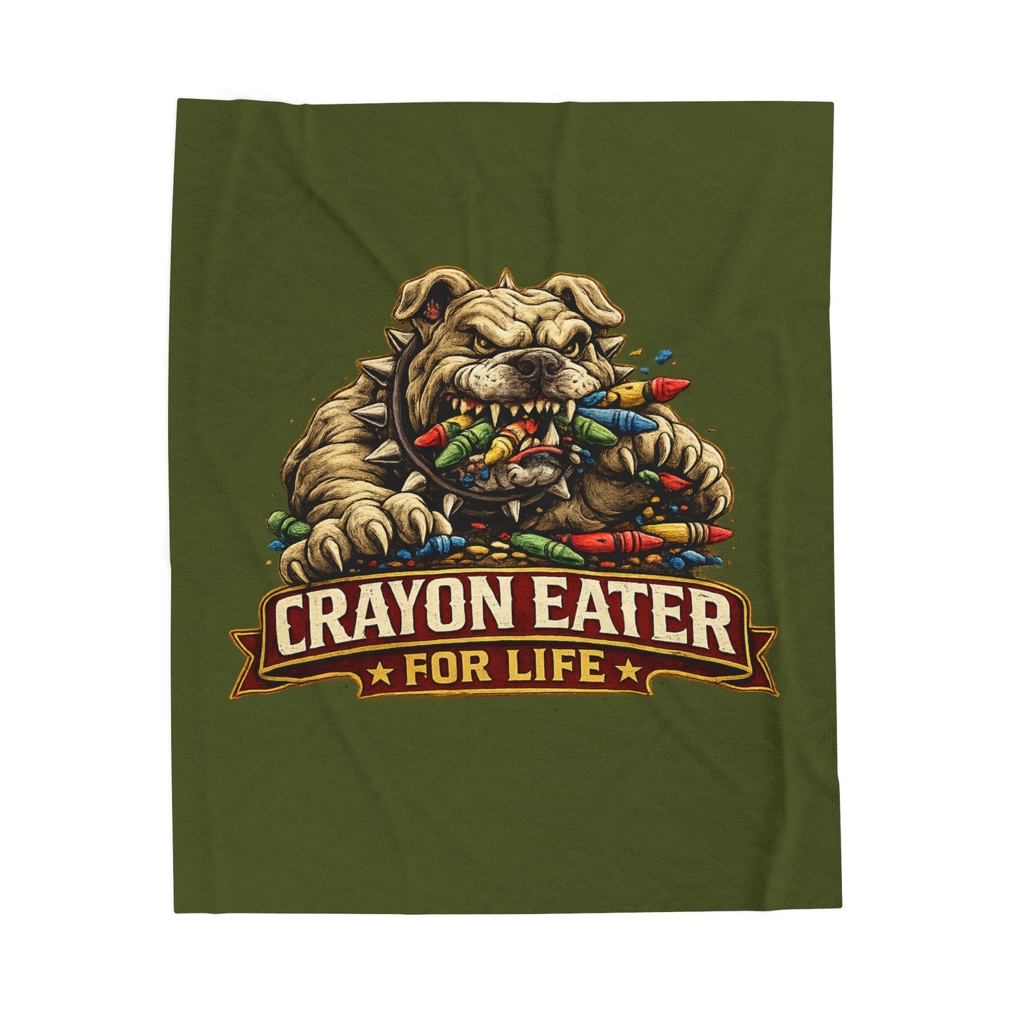 Devil Dog Crayon Eater for Life Fleece Blanket — Bulldog OD Green Military Humor