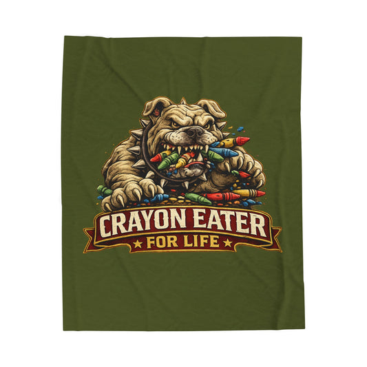 Devil Dog Crayon Eater for Life Fleece Blanket — Bulldog OD Green Military Humor
