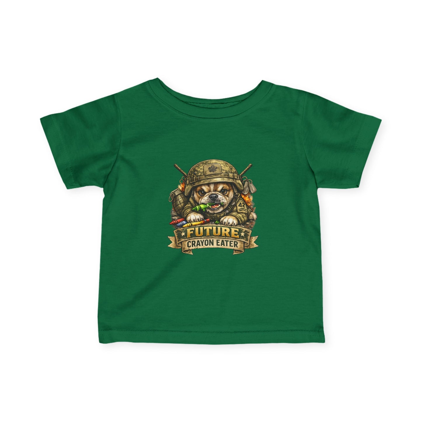 Infant T-Shirt — "Future Crayon Eater" Cute Military Puppy Graphic Tee for Babies