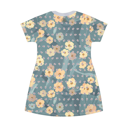 Sugar Skull Floral T-Shirt Dress — All-Over Print Día de los Muertos Festival Dress