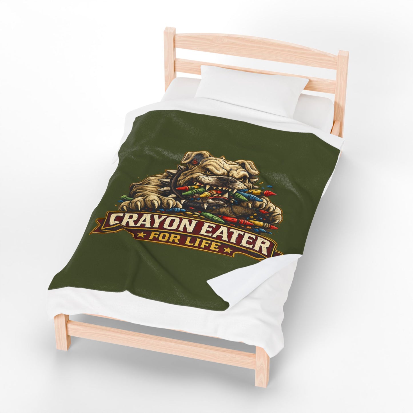Devil Dog Crayon Eater for Life Fleece Blanket — Bulldog OD Green Military Humor