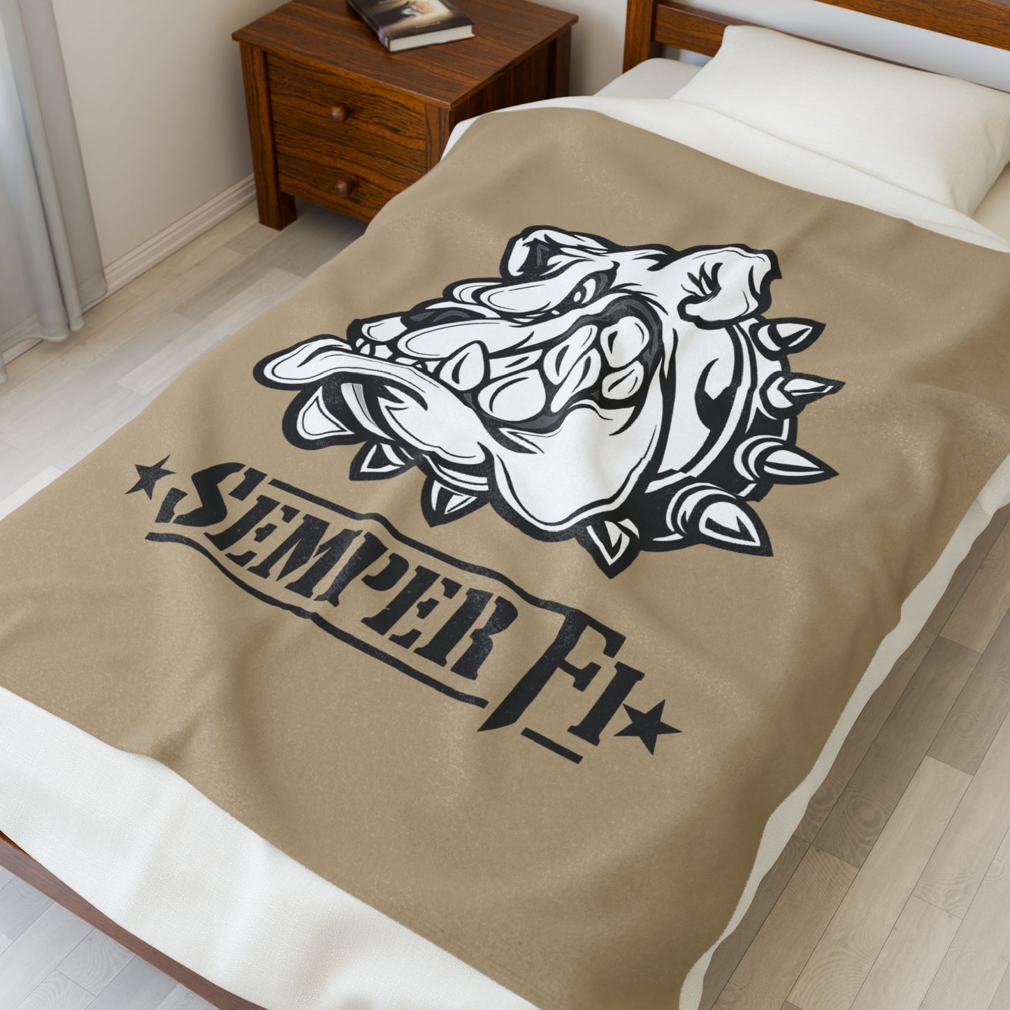 Khaki Desert Tan Devil Dog Fleece Blanket — Bulldog Military Humor