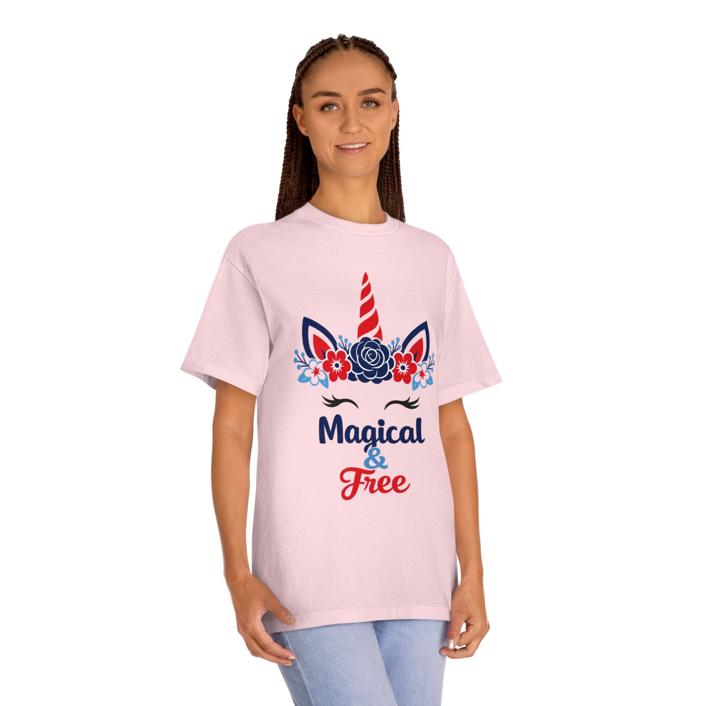Magical & Free Unicorn Tee — Whimsical Floral Graphic
