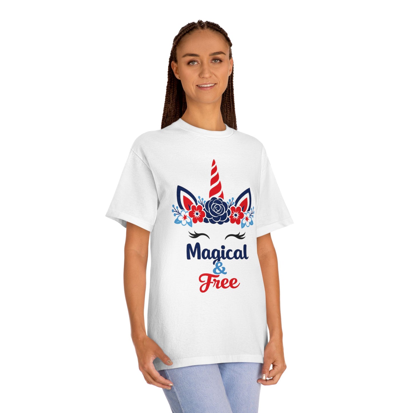 Magical & Free Unicorn Tee — Whimsical Floral Graphic