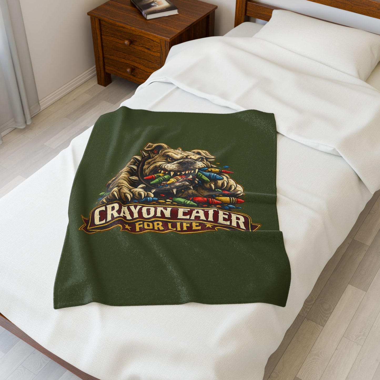 Devil Dog Crayon Eater for Life Fleece Blanket — Bulldog OD Green Military Humor