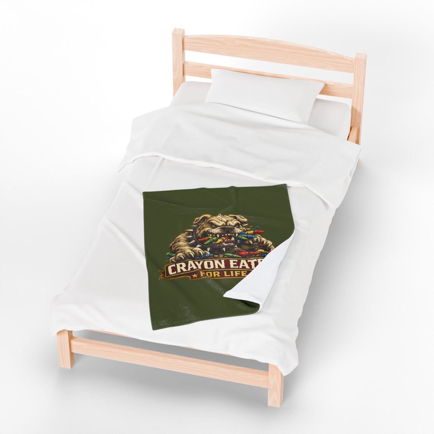 Devil Dog Crayon Eater for Life Fleece Blanket — Bulldog OD Green Military Humor