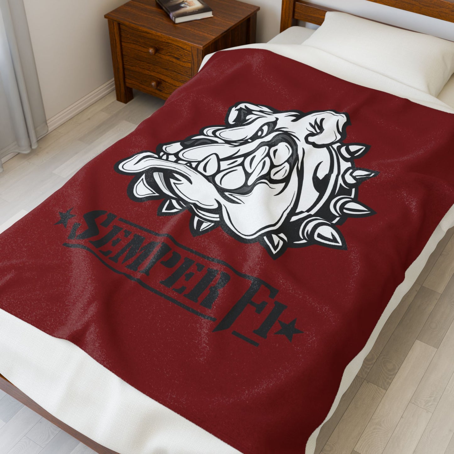 Vintage Marine Red Devil Dog Fleece Blanket — Bulldog OD Green Military Humor