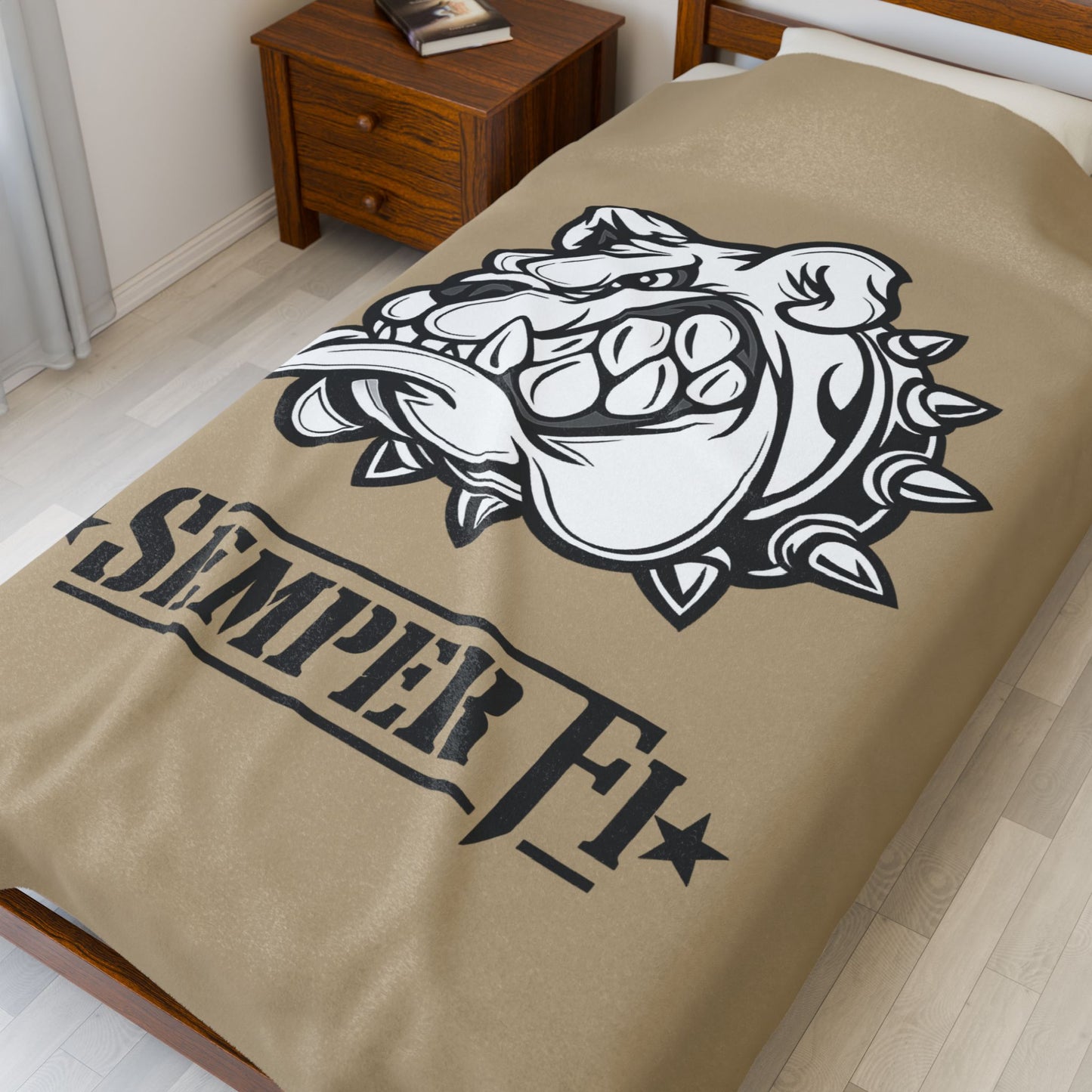 Khaki Desert Tan Devil Dog Fleece Blanket — Bulldog Military Humor