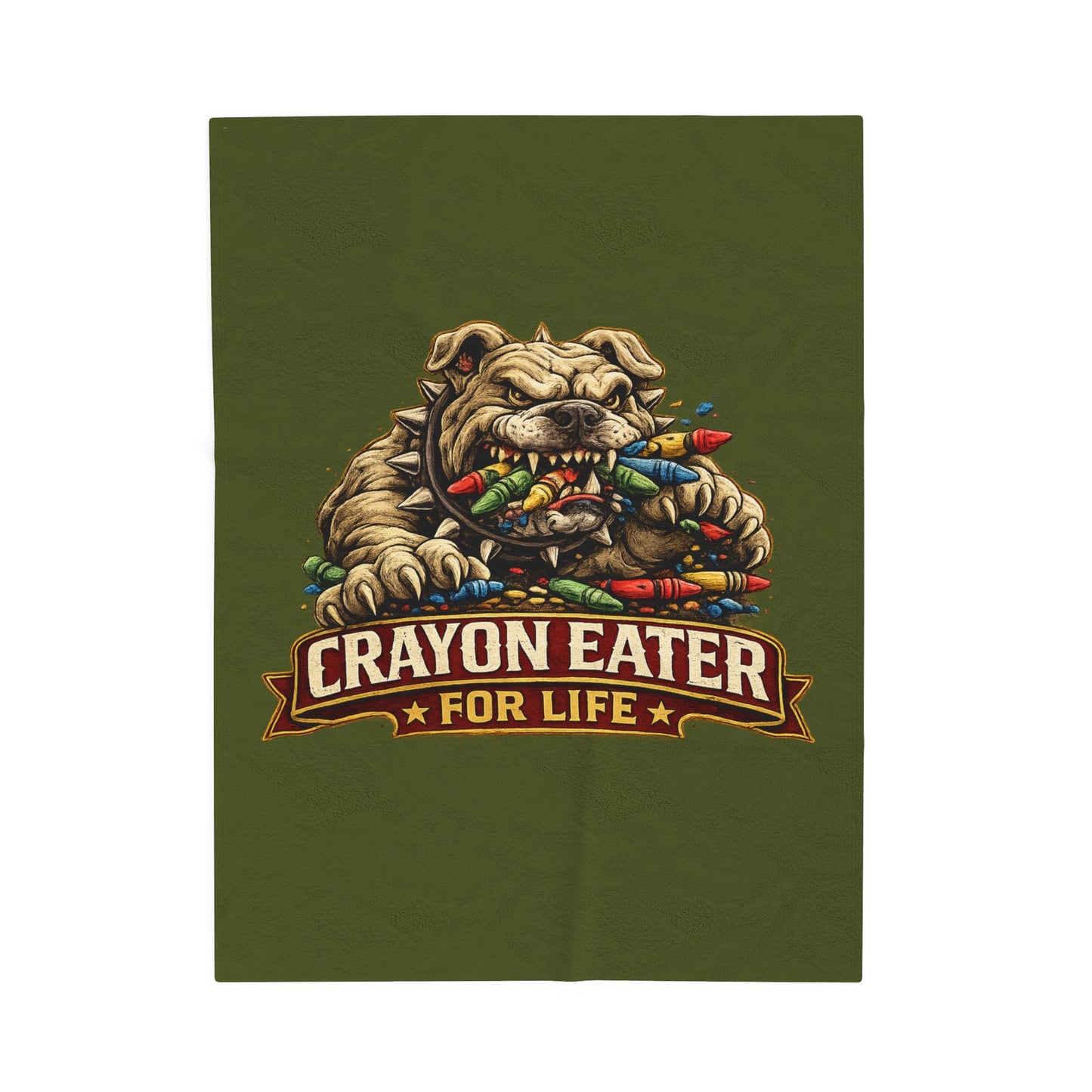 Devil Dog Crayon Eater for Life Fleece Blanket — Bulldog OD Green Military Humor