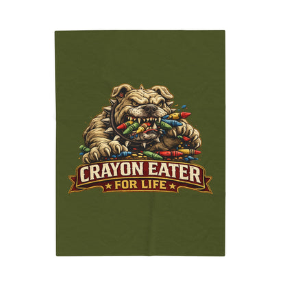 Devil Dog Crayon Eater for Life Fleece Blanket — Bulldog OD Green Military Humor