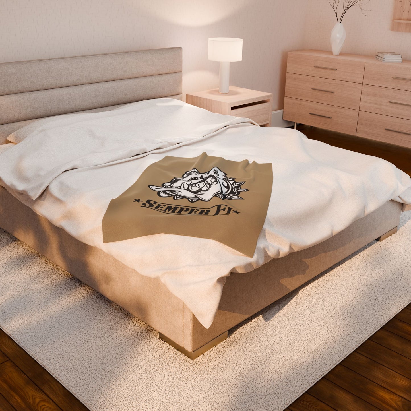 Khaki Desert Tan Devil Dog Fleece Blanket — Bulldog Military Humor