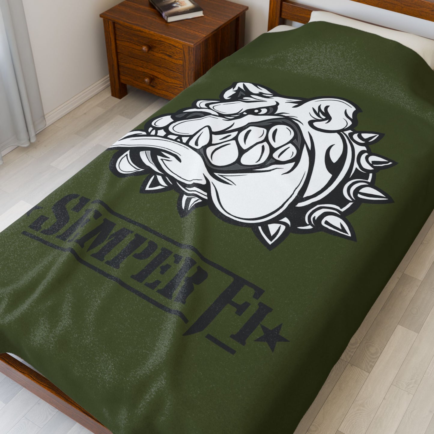 Devil Dog Fleece Blanket — Bulldog OD Green Military Humor