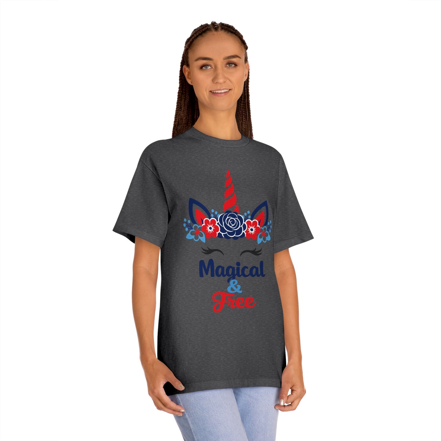 Magical & Free Unicorn Tee — Whimsical Floral Graphic