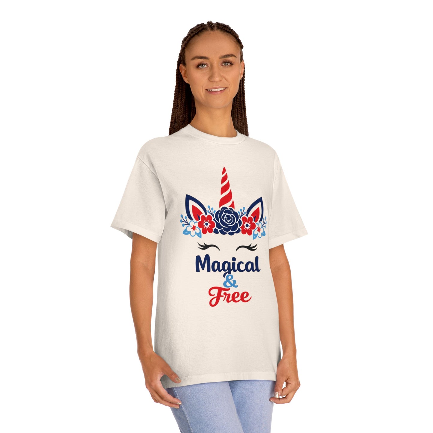 Magical & Free Unicorn Tee — Whimsical Floral Graphic