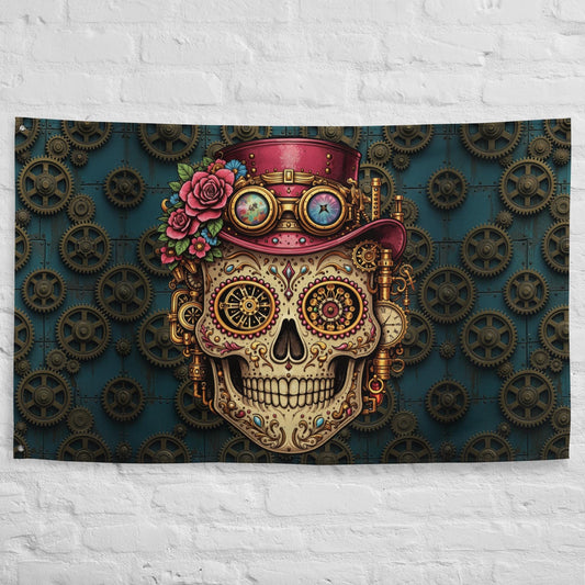 Girlie Goth Steampunk Sugar Skull Flag  Gothic Industrial Día de los Muertos Art Tapestry