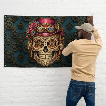 Girlie Goth Steampunk Sugar Skull Flag  Gothic Industrial Día de los Muertos Art Tapestry