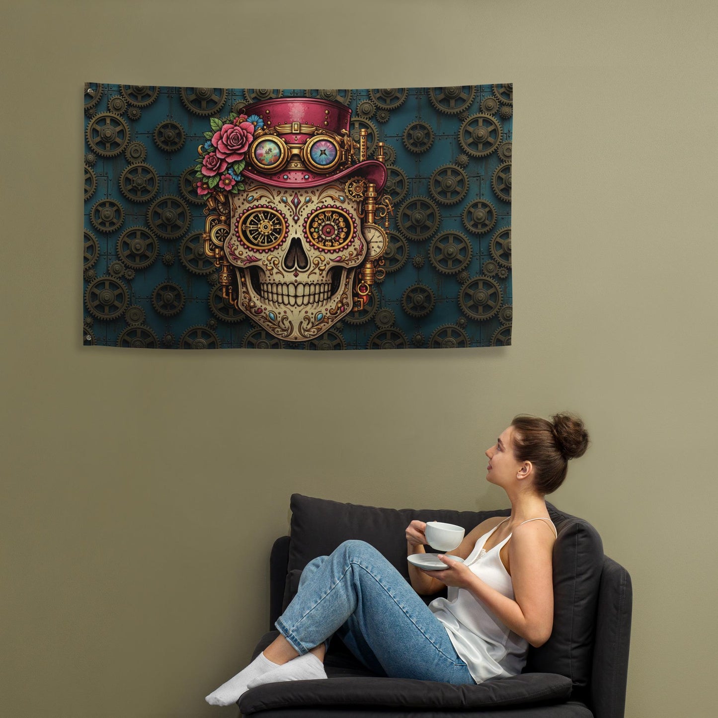 Girlie Goth Steampunk Sugar Skull Flag  Gothic Industrial Día de los Muertos Art Tapestry