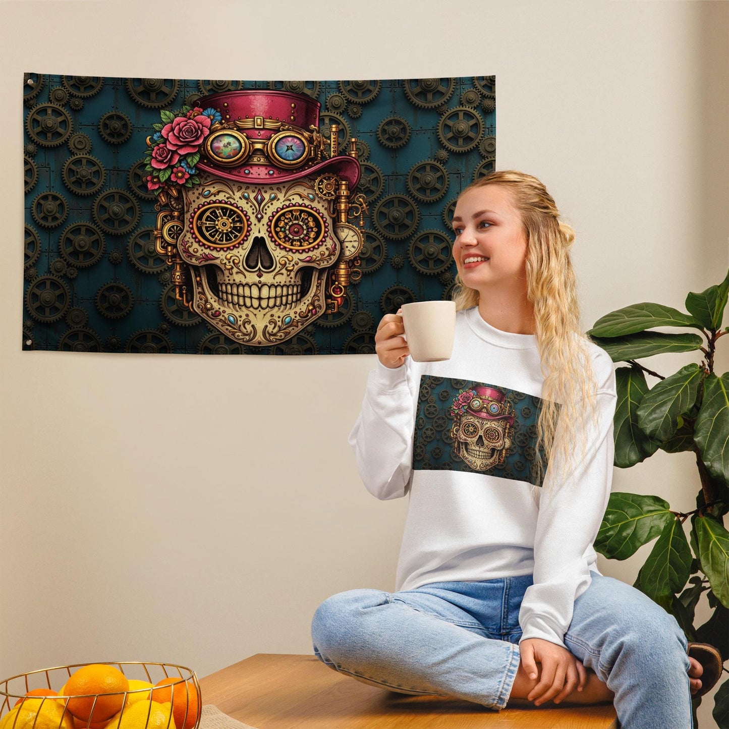 Girlie Goth Steampunk Sugar Skull Flag  Gothic Industrial Día de los Muertos Art Tapestry