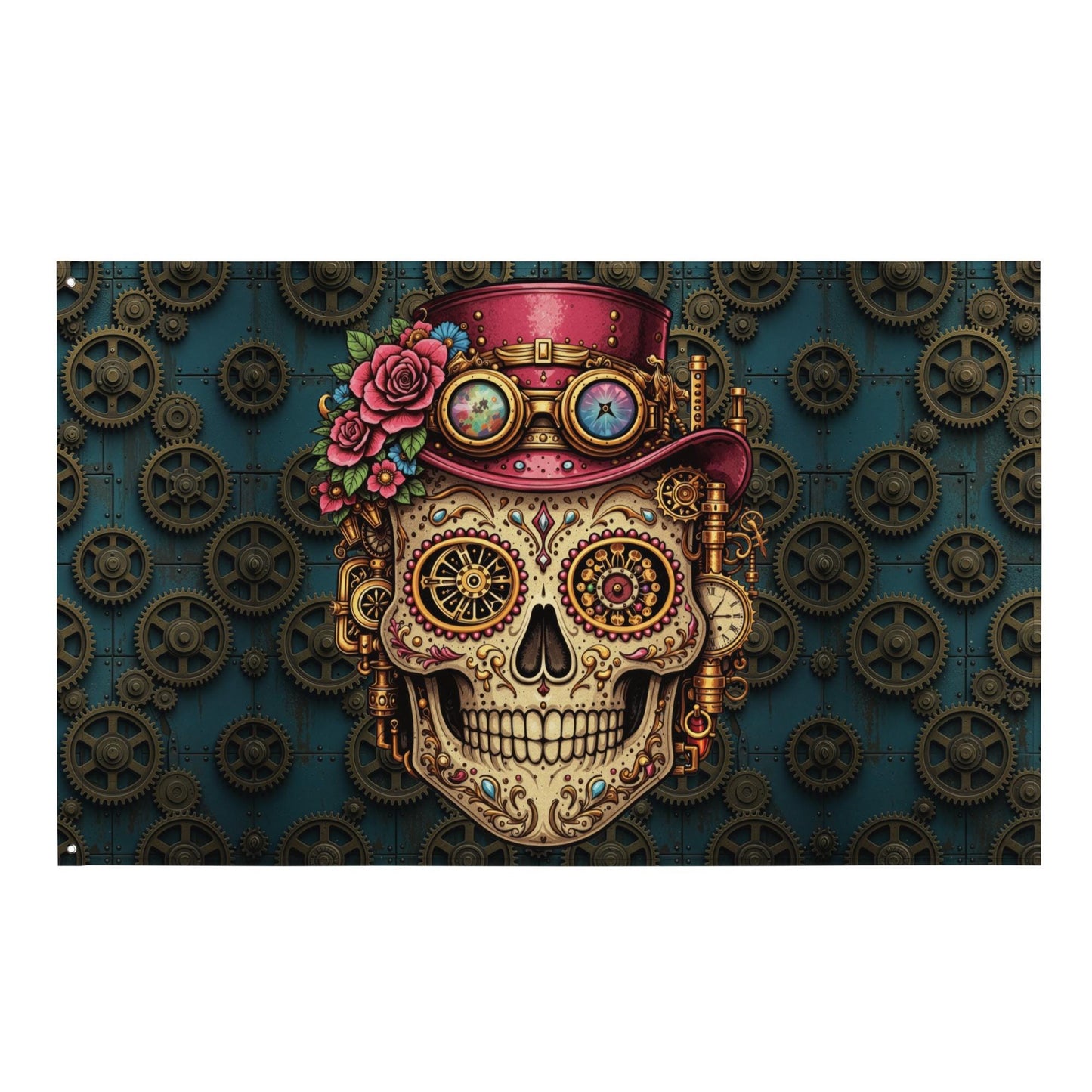 Girlie Goth Steampunk Sugar Skull Flag  Gothic Industrial Día de los Muertos Art Tapestry