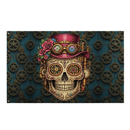 Girlie Goth Steampunk Sugar Skull Flag  Gothic Industrial Día de los Muertos Art Tapestry